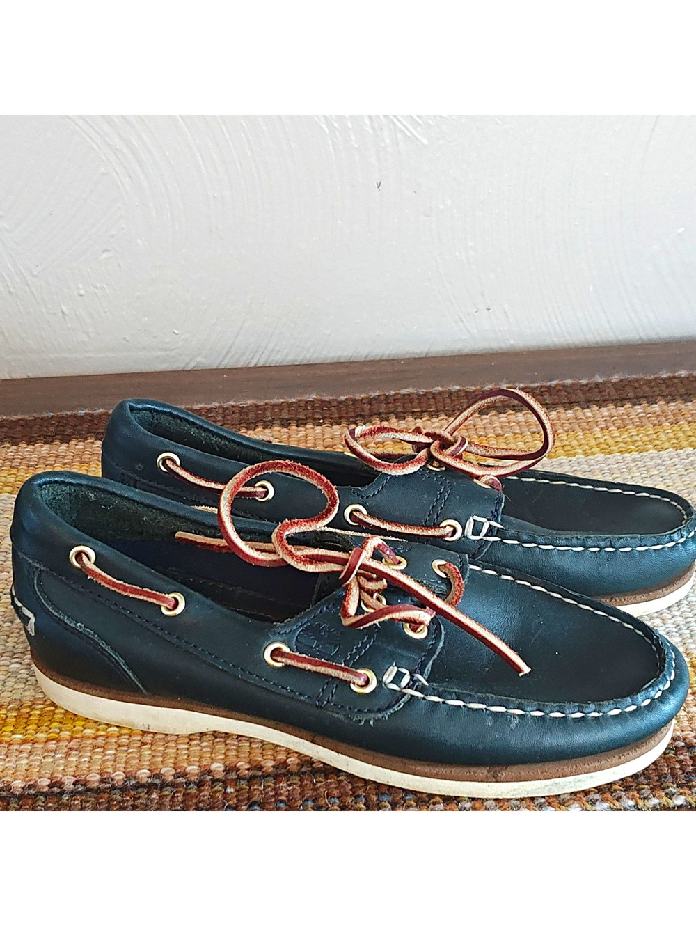 Timberland Men’s Blue Leather Boat Shoes Lace-Up Rubber Sole US 6 handmade
